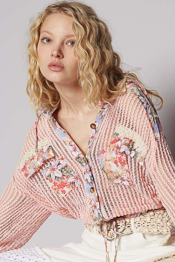 Floral Hoodie Top in Peach