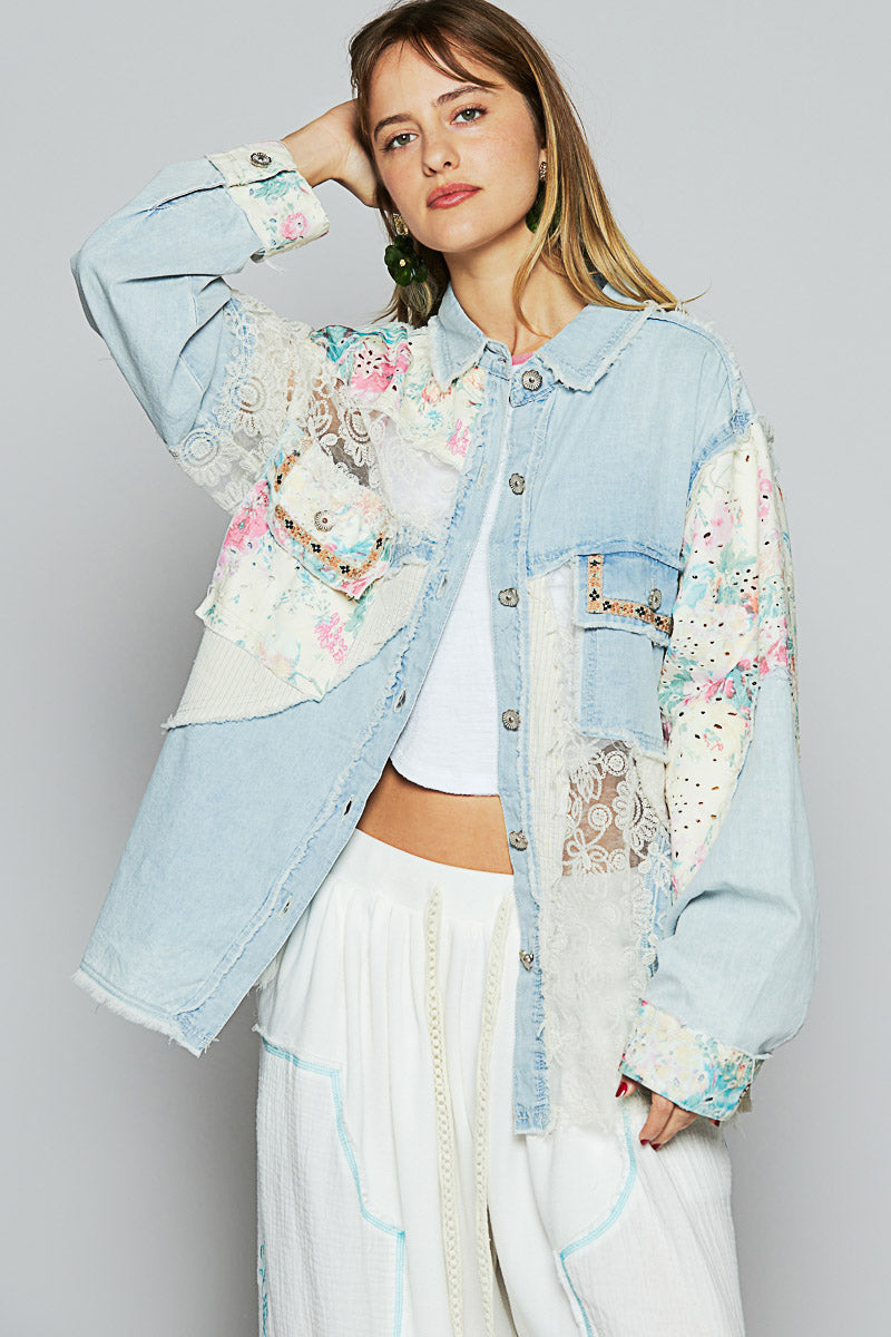 Lace & Denim Button Down w/Floral Accent