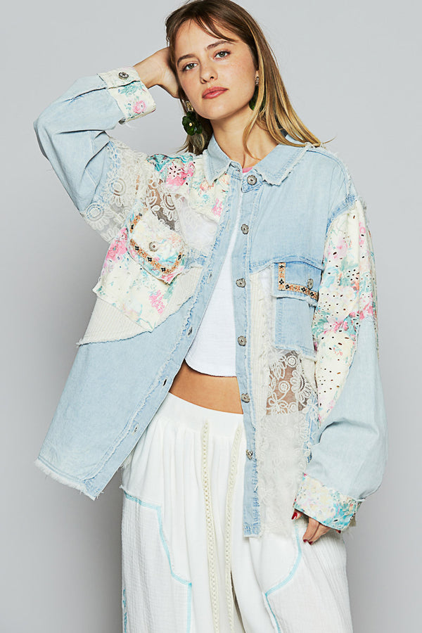 Lace & Denim Button Down w/Floral Accent