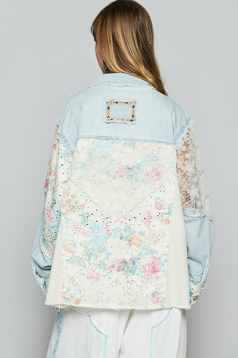 Lace & Denim Button Down w/Floral Accent