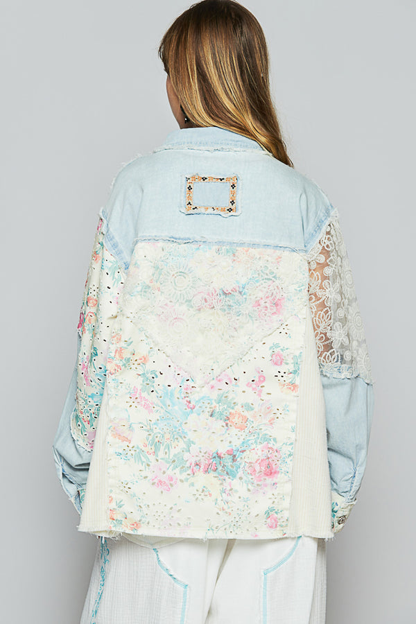 Lace & Denim Button Down w/Floral Accent
