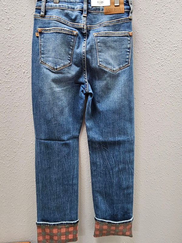 JB Plaid Print Cuff Straight Leg Jean