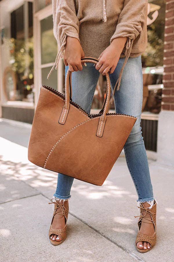 Stitch Trim Detail Tote Bag in Beige