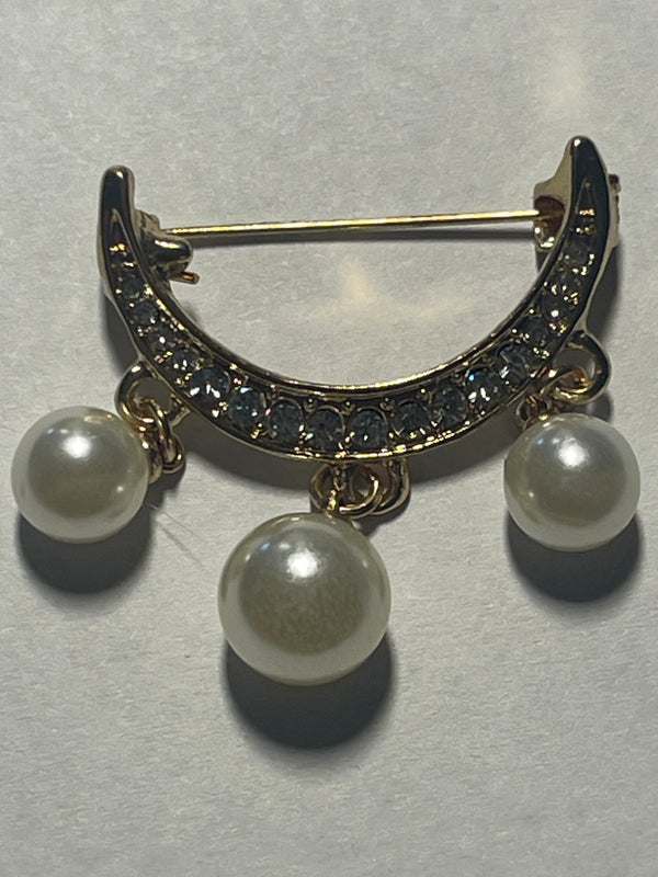 Gold & Crystal Half Moon Scarf Pin w/Pearls