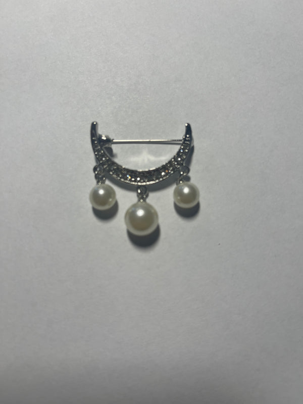 Silver & Crystal Half Moon Scarf Pin w/Pearls
