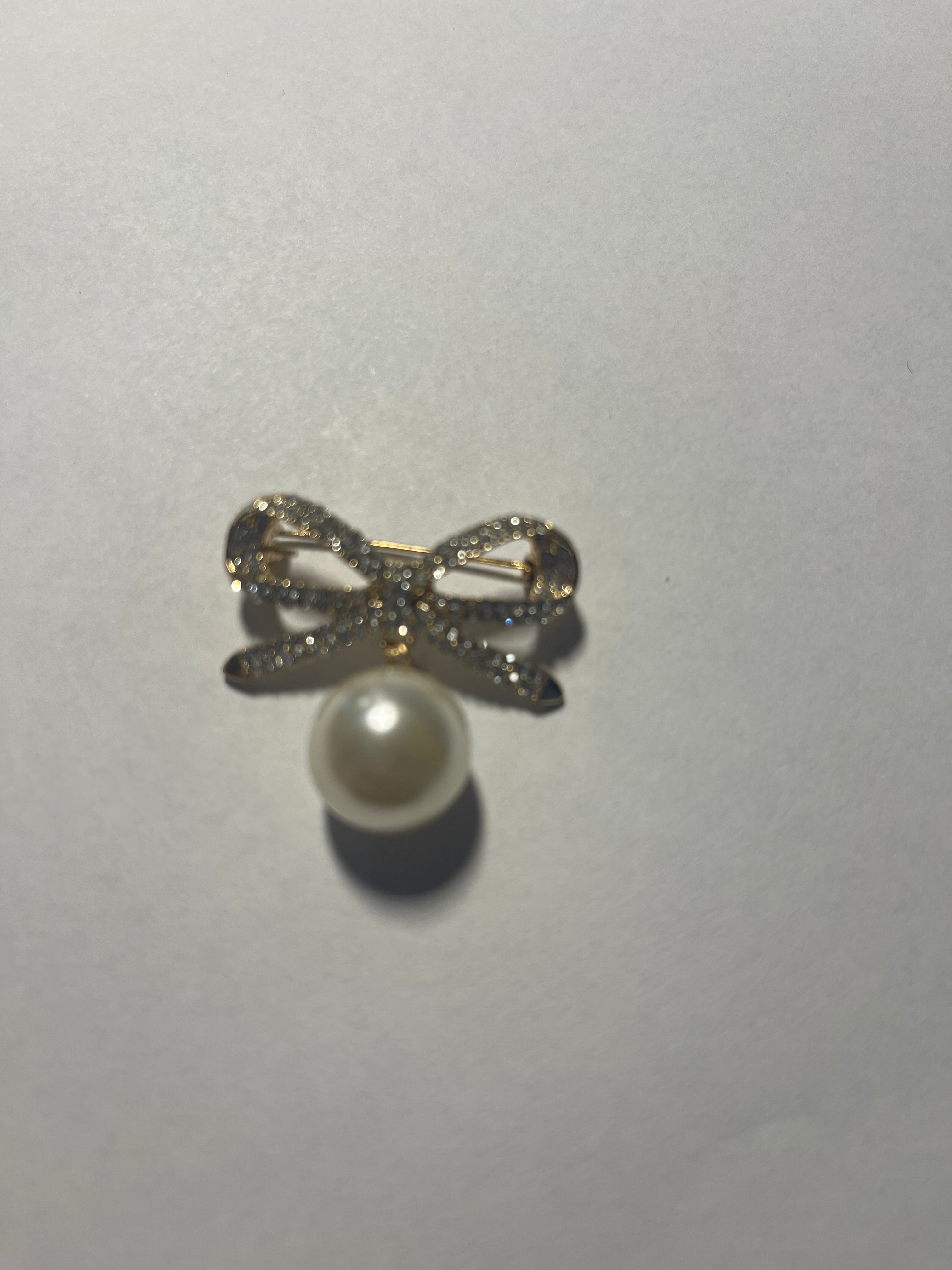 Gold & Crystal Bow Scarf Pin w/Pearl