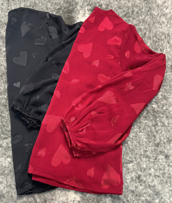 Wine Long Sleeve Blouse with Hearts