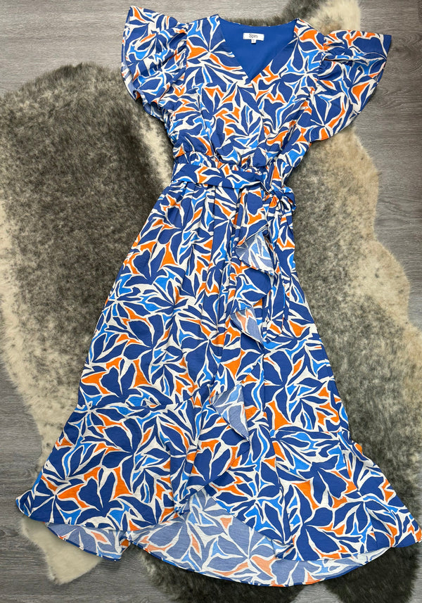 Blue and Orange V-Neck Dress