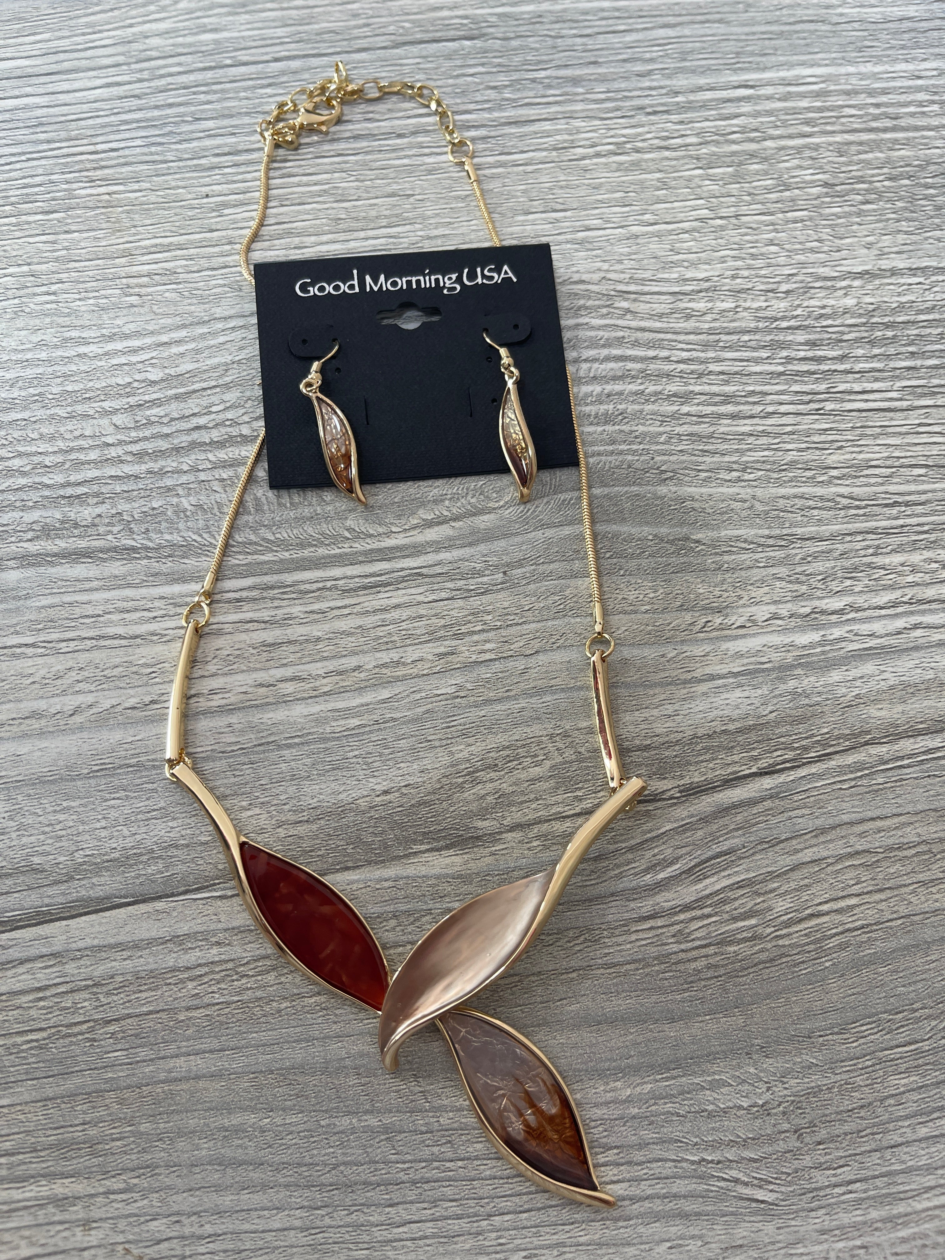 Gold & Brown Leaf Necklace & Earring Set