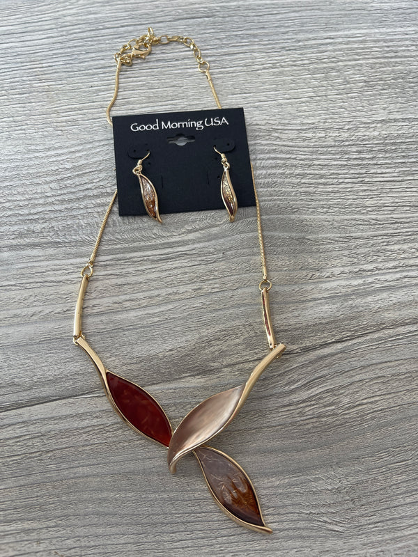 Gold & Brown Leaf Necklace & Earring Set