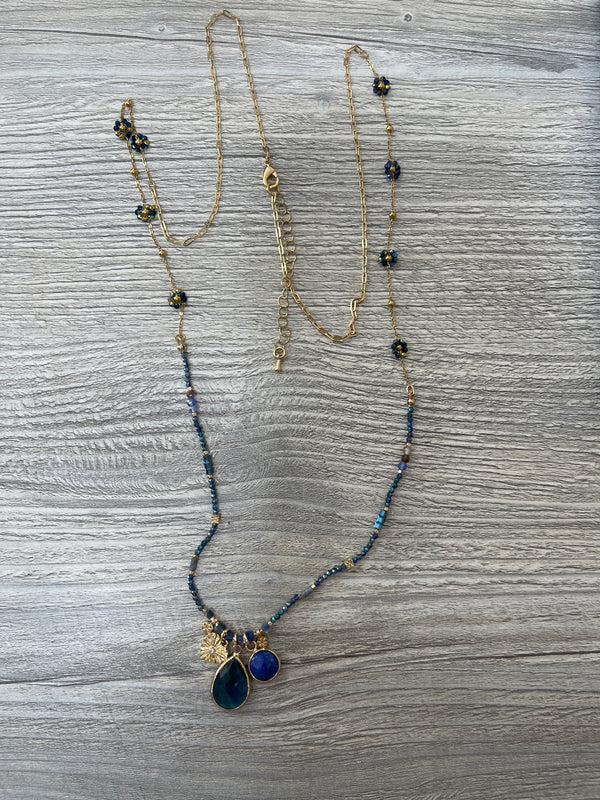 Blue & Gold Floral Charm Necklace