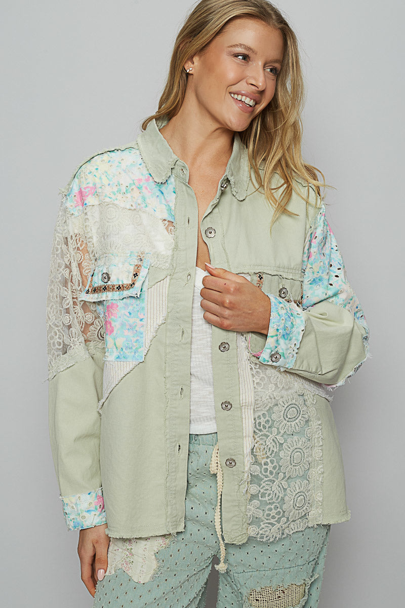 Lace & Denim Button Down in Sage