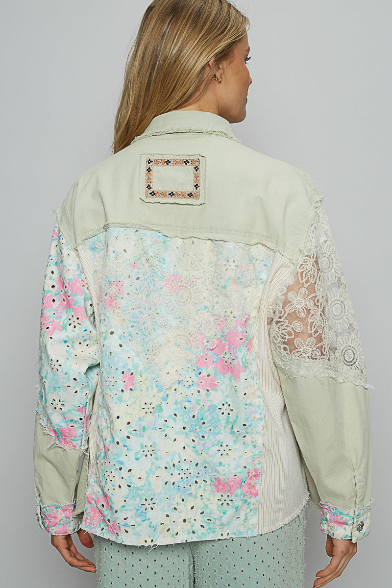 Lace & Denim Button Down in Sage