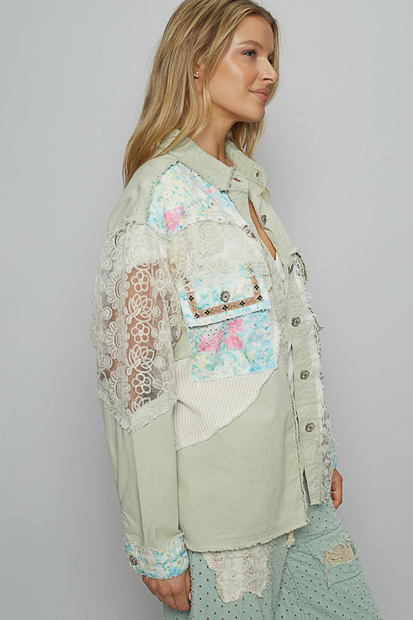 Lace & Denim Button Down in Sage