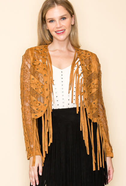 Fringe Lace Crop Jacket in Camel