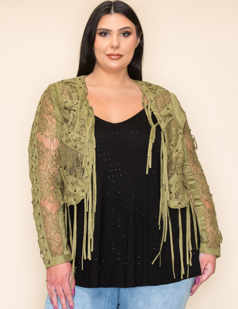 Fringe Lace Crop Jacket in Avocado