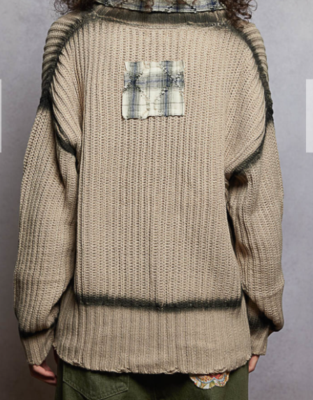 V-Neck Taupe Cardigan w/ Plaid Accents