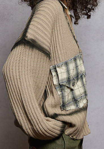 V-Neck Taupe Cardigan w/ Plaid Accents