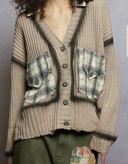 V-Neck Taupe Cardigan w/ Plaid Accents