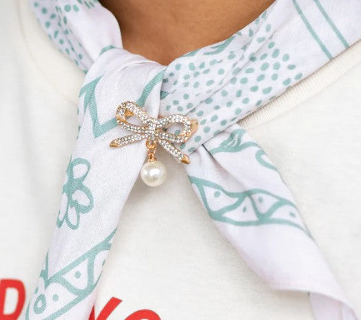 Silver & Crystal Bow Scarf Pin w/Pearl