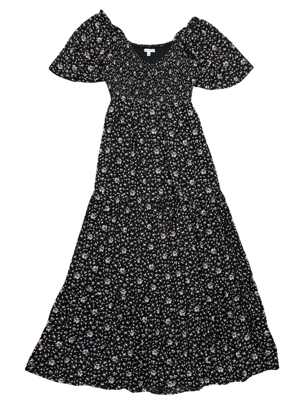 Black Floral Short Sleeve Smocked Maxi Dress