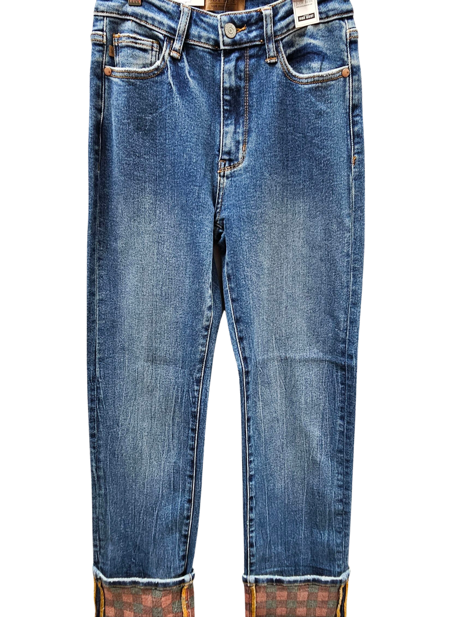 JB Plaid Print Cuff Straight Leg Jean