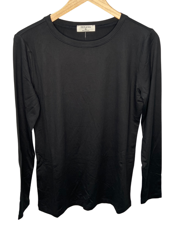 Brushed Microfiber Long Sleeve Round Neck Tee in Black