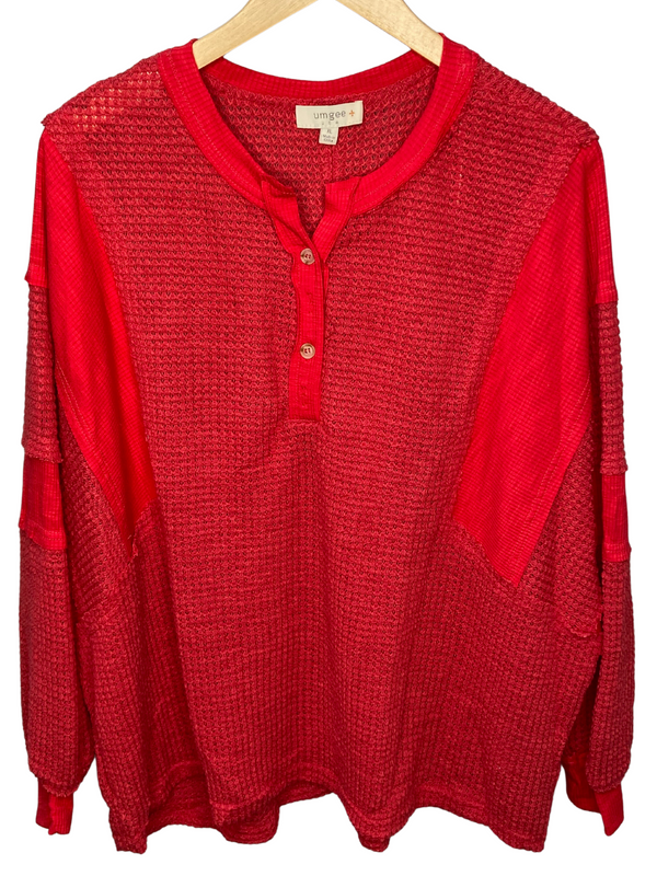 Henley Waffle Knit with Contrast Detail Long Sleeve, Buttons in Red