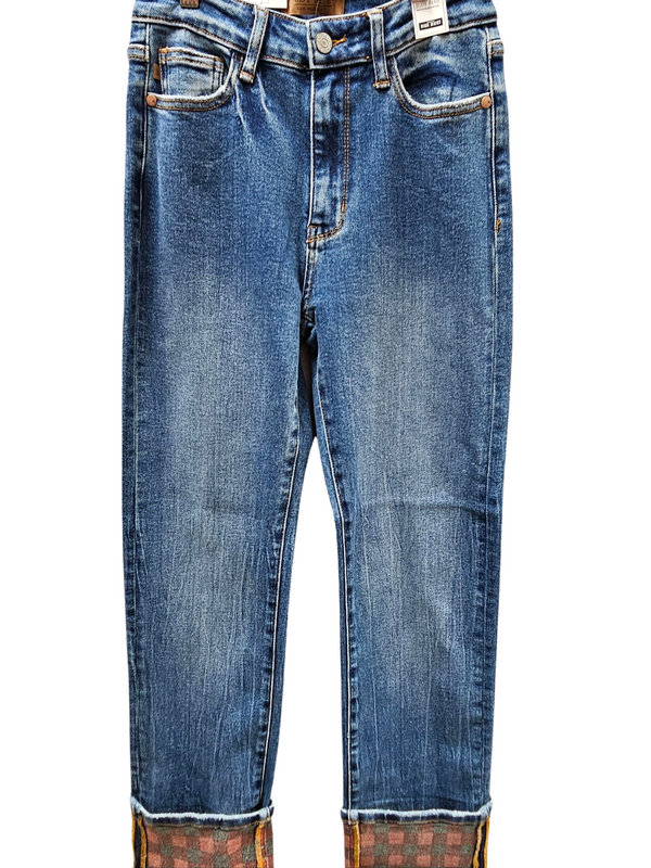 JB Plaid Print Cuff Straight Leg Jean