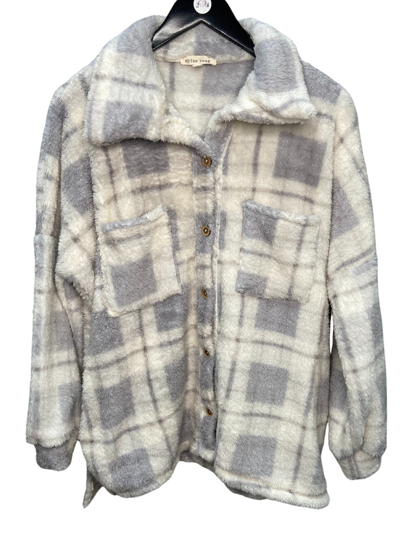 Fleece Plaid Shacket in Grey