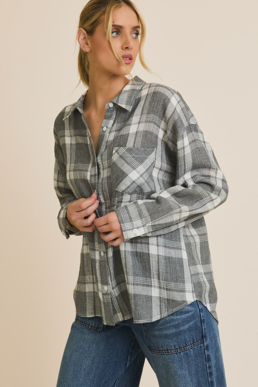 Gray & White Plaid Button Down