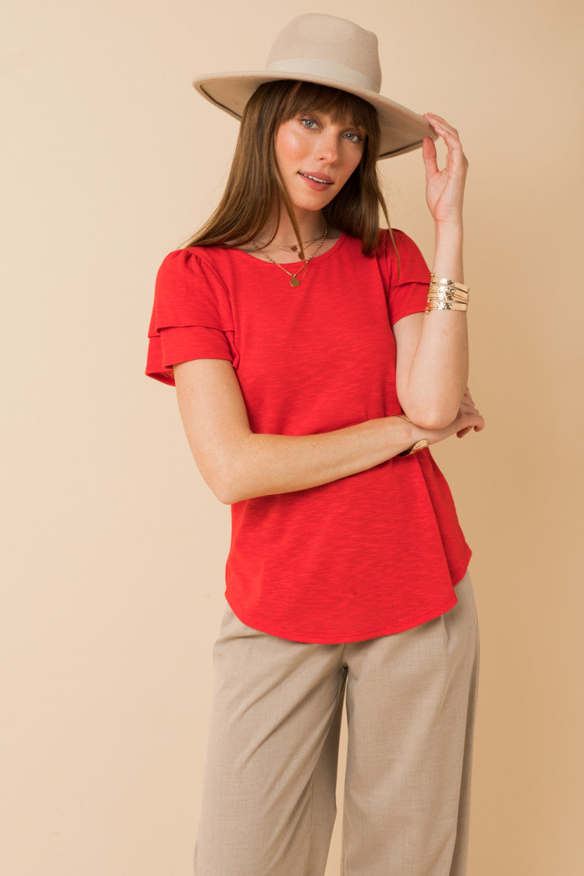 Red Double Ruffle Short Sleeve Top