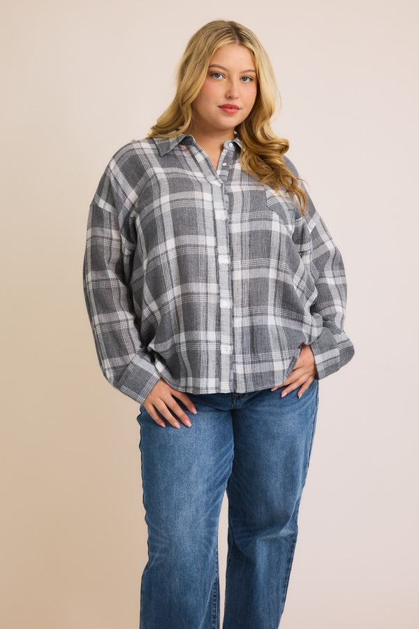 Gray & White Plaid Button Down