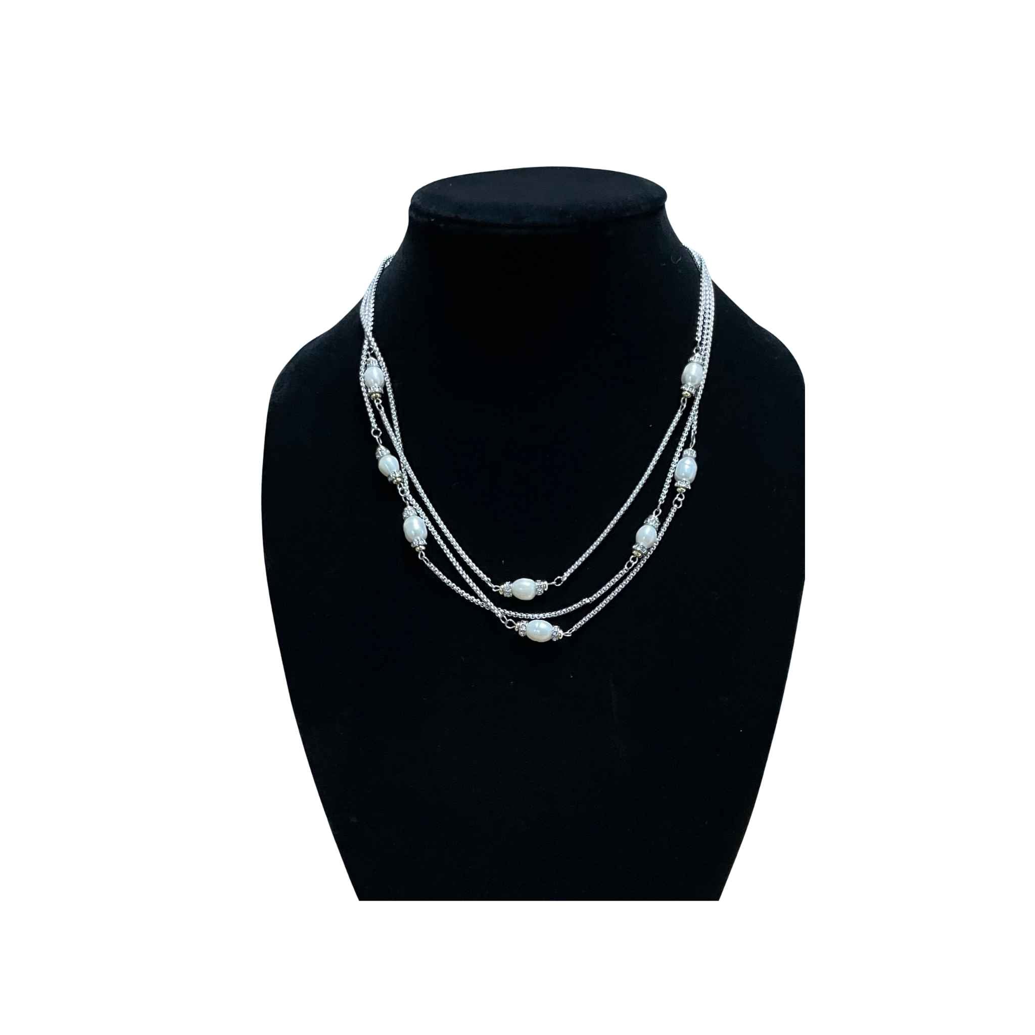 Triple Braided Strand Necklace With Faux Pearls