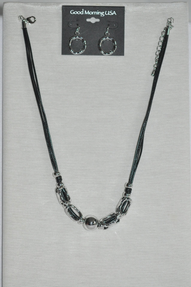 DC Black Cord Silver Bead Necklace & Earring Set