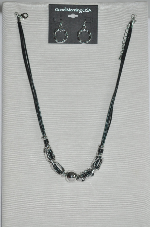 DC Black Cord Silver Bead Necklace & Earring Set