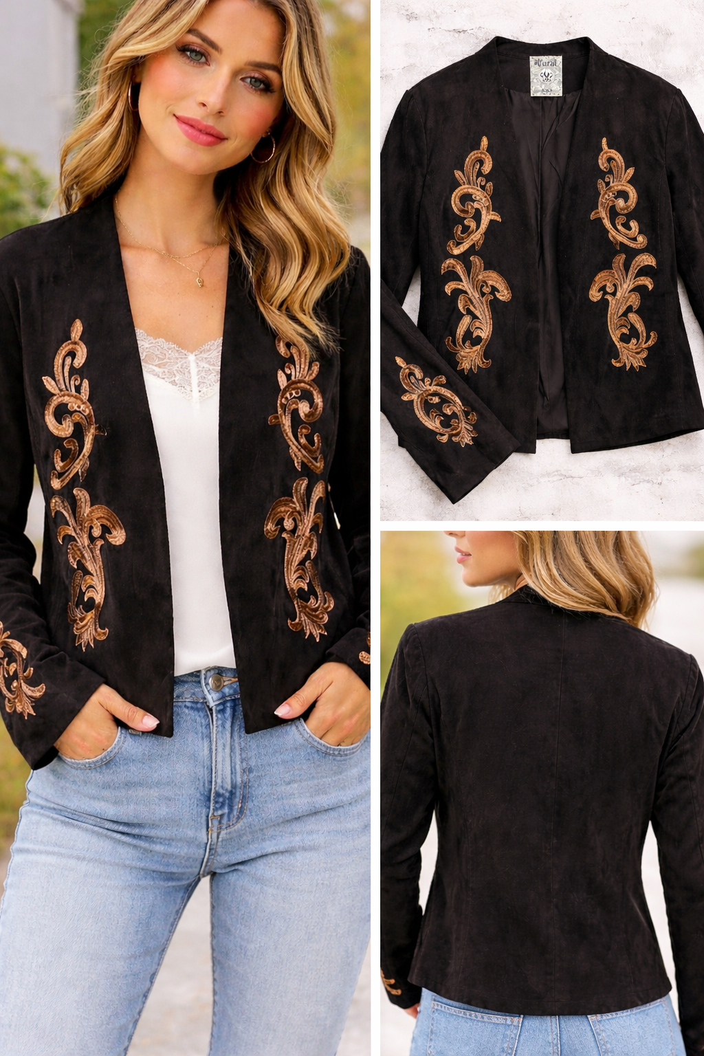 V Faux Suede Jacket in Black