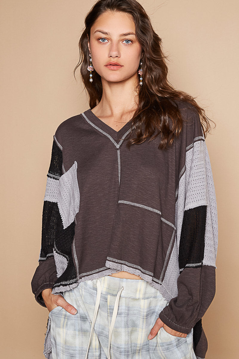 Charcoal Long Sleeve V-Neck  Patchwork Top