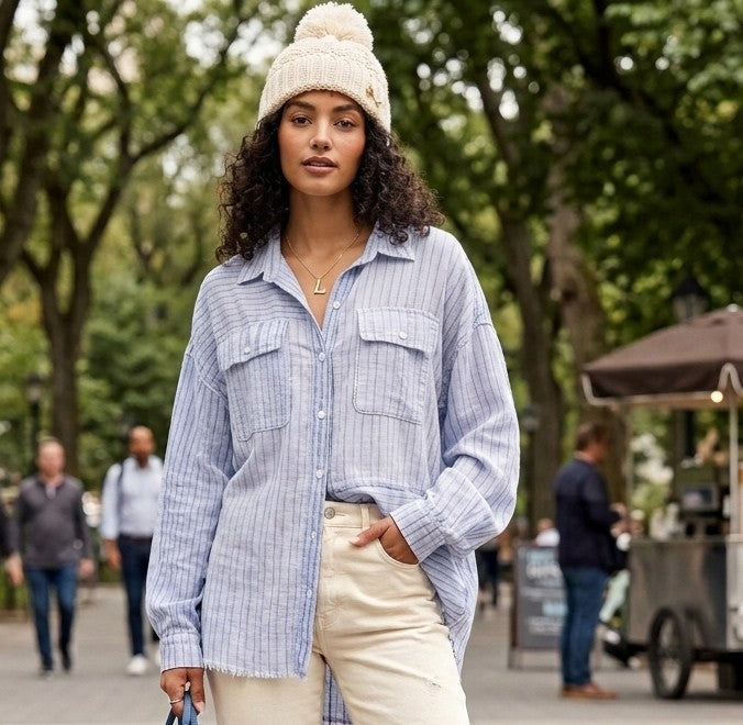E Dusty Blue Striped Button Down Top