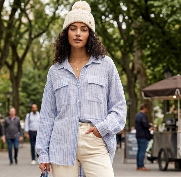 E Dusty Blue Striped Button Down Top