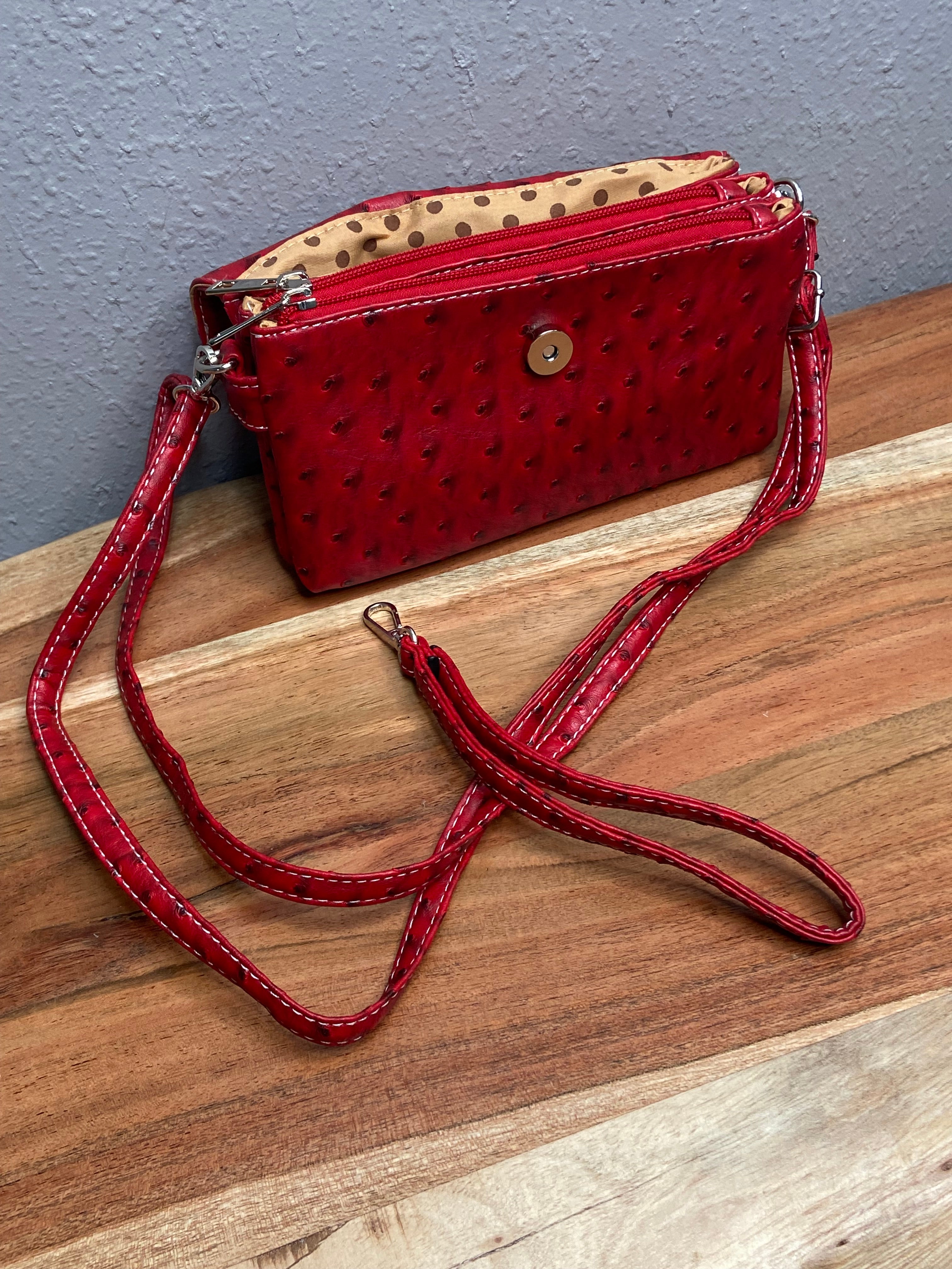 Ostrich Look Faux Leather Crossbody in Red