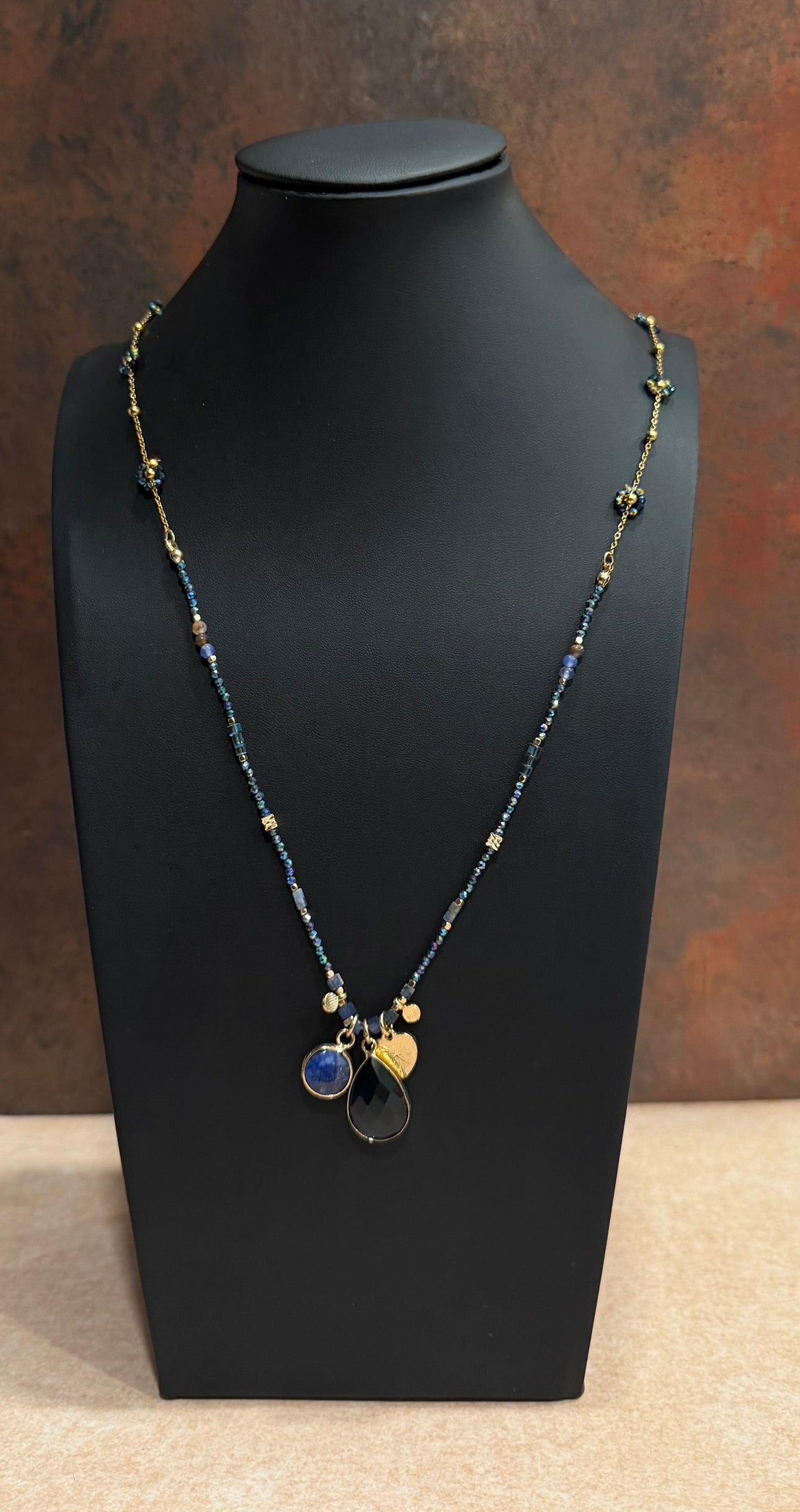 Blue & Gold Floral Charm Necklace