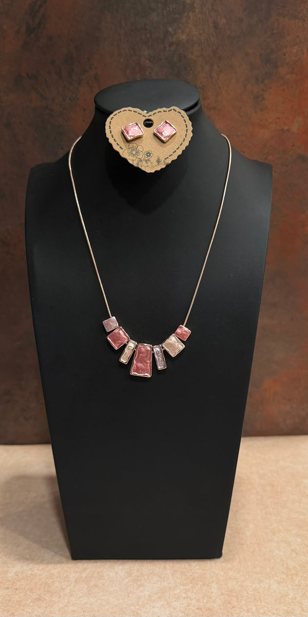 DC Pink &  Pearl Geometric Necklace &  Earring Set