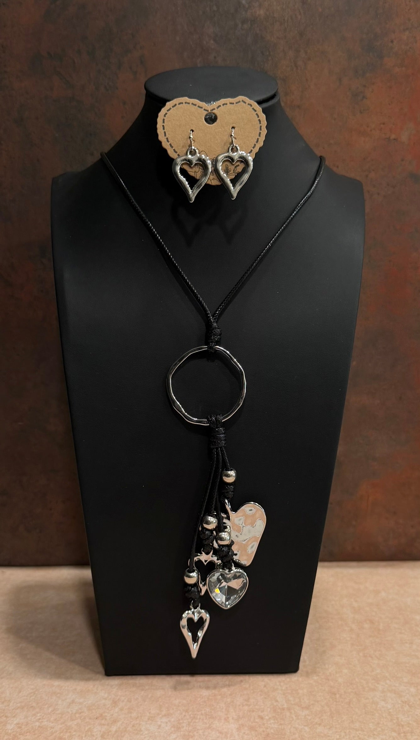DC Black Cord Heart Pendant Necklace & Earring Set