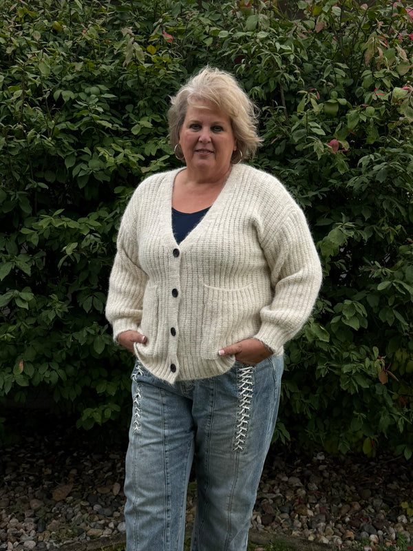 P Oversized Ribbed Cardigan/Almond