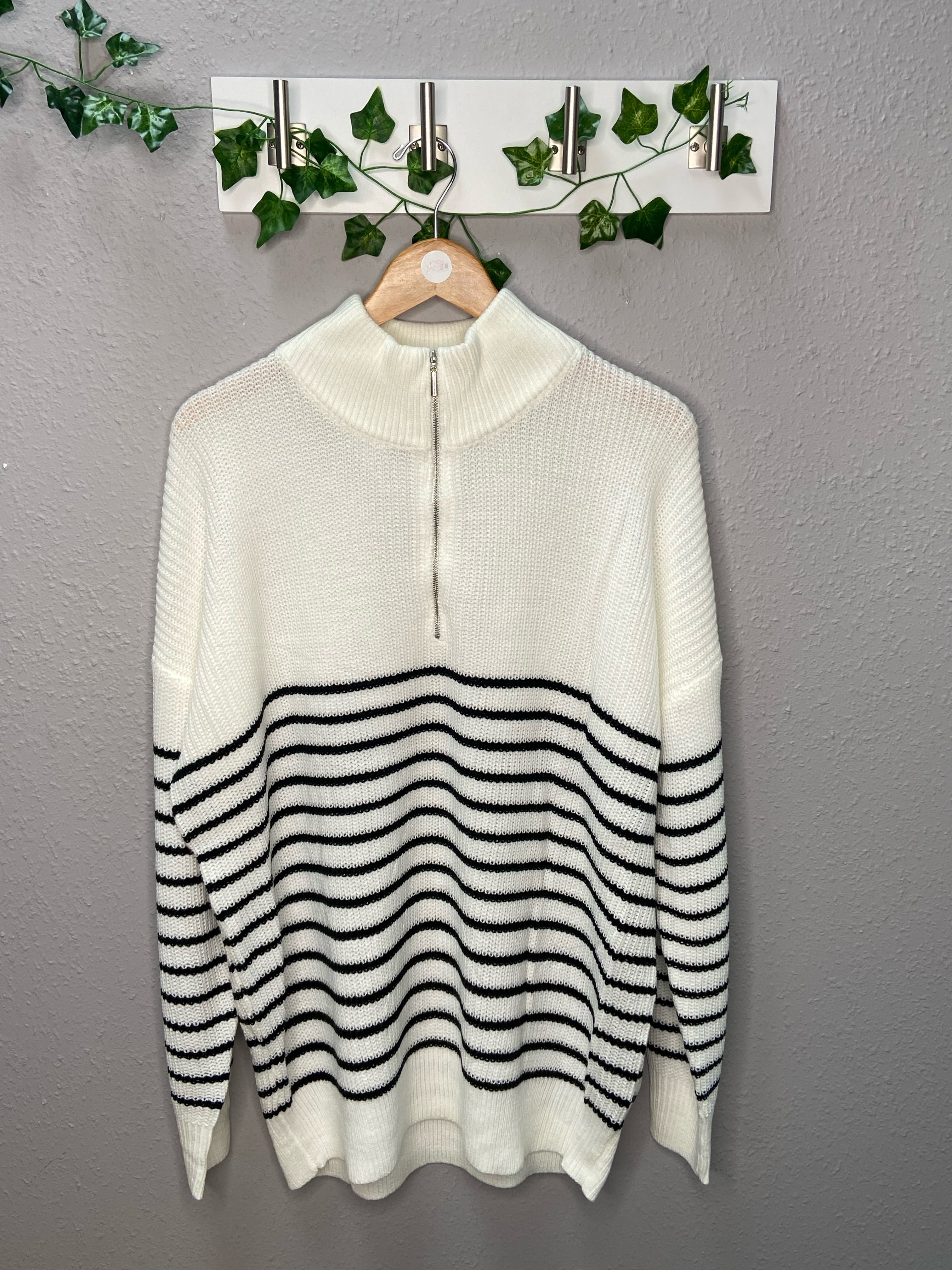 Ivory with Black Stripe Zip Neck Sweater