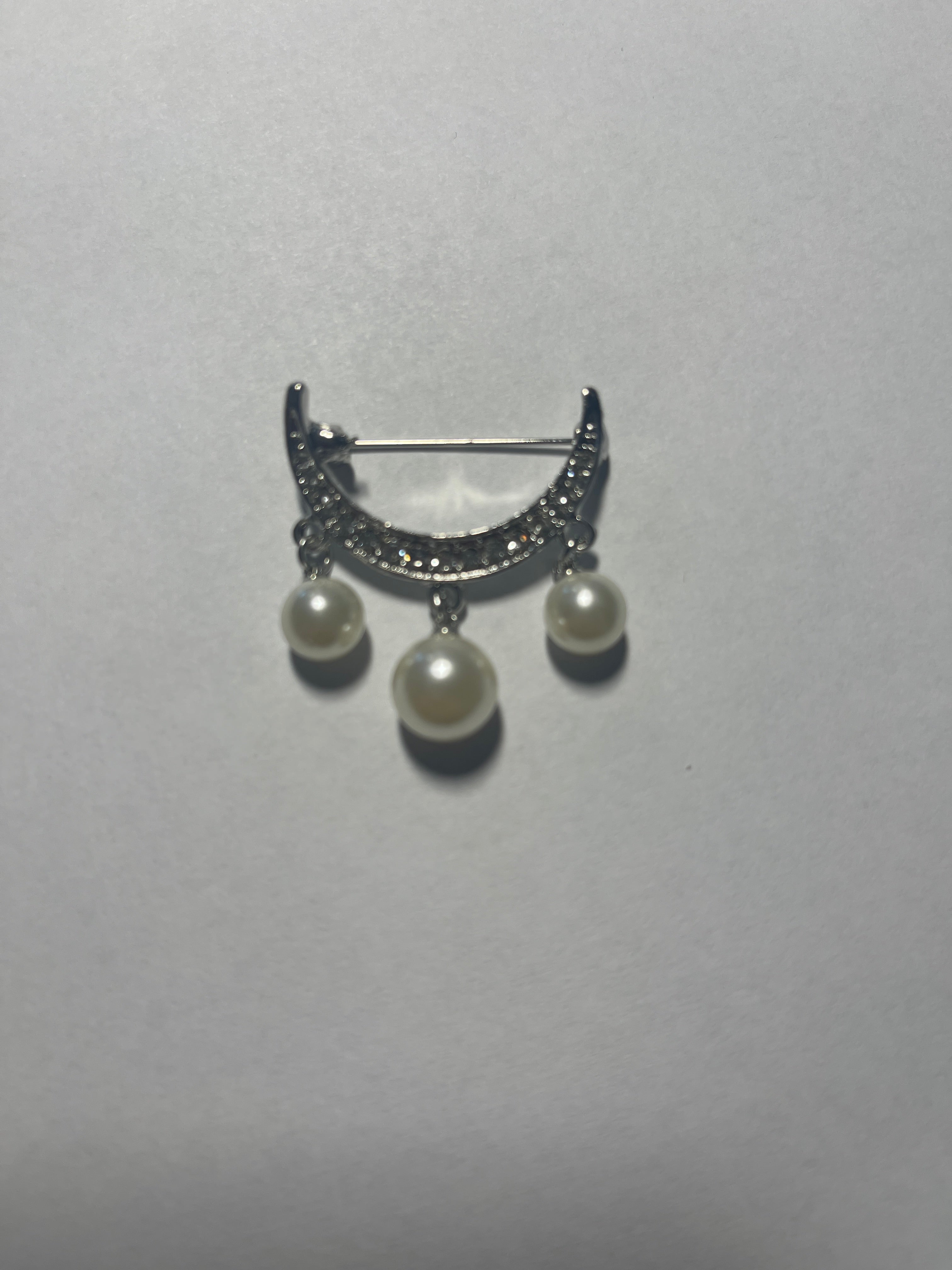 Silver & Crystal Half Moon Scarf Pin w/Pearls