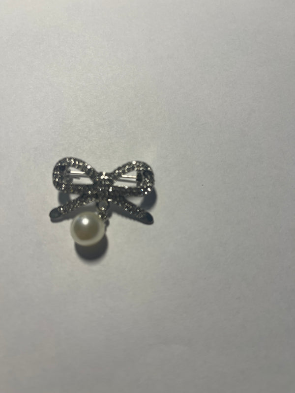 Silver & Crystal Bow Scarf Pin w/Pearl