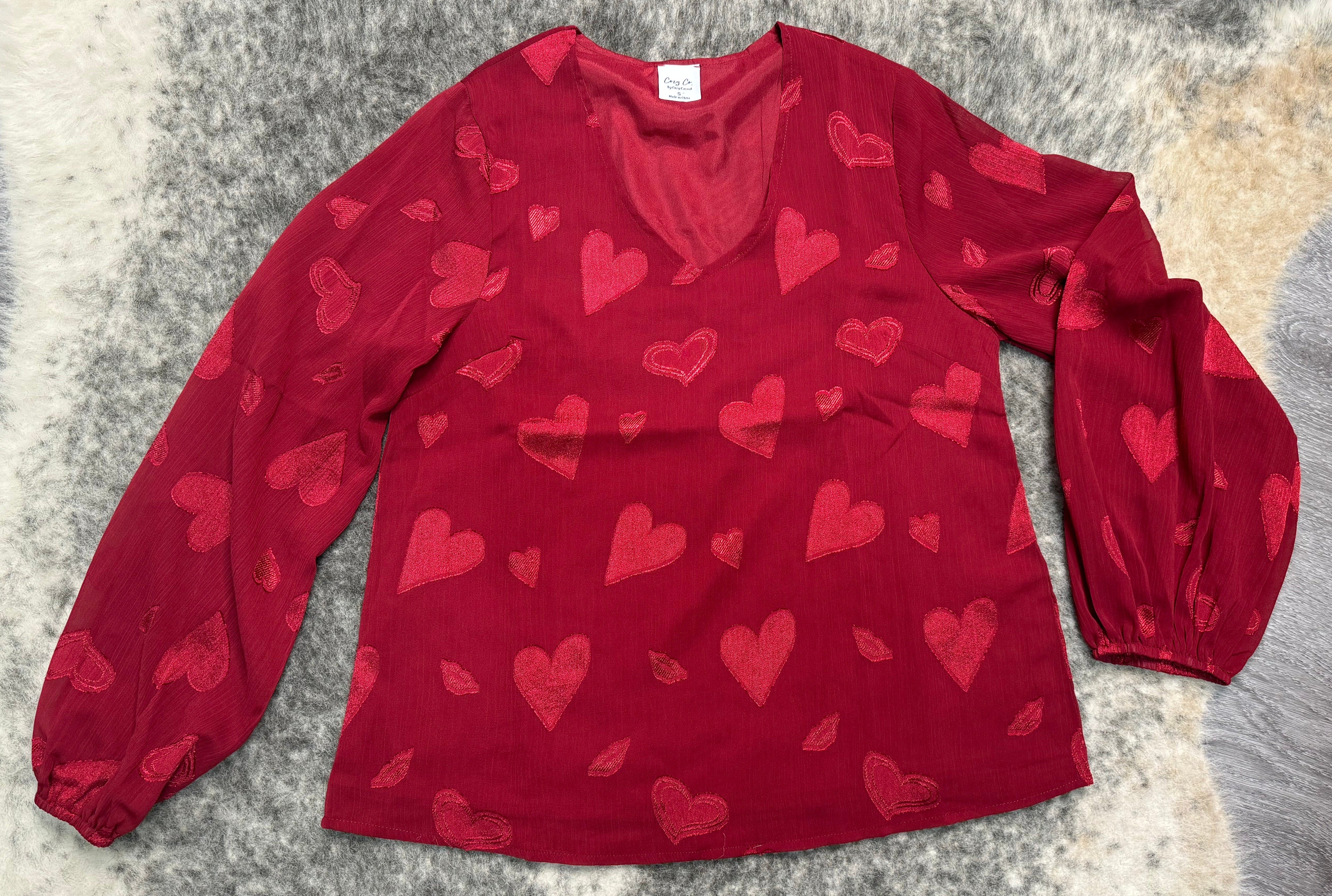 Wine Long Sleeve Blouse with Hearts