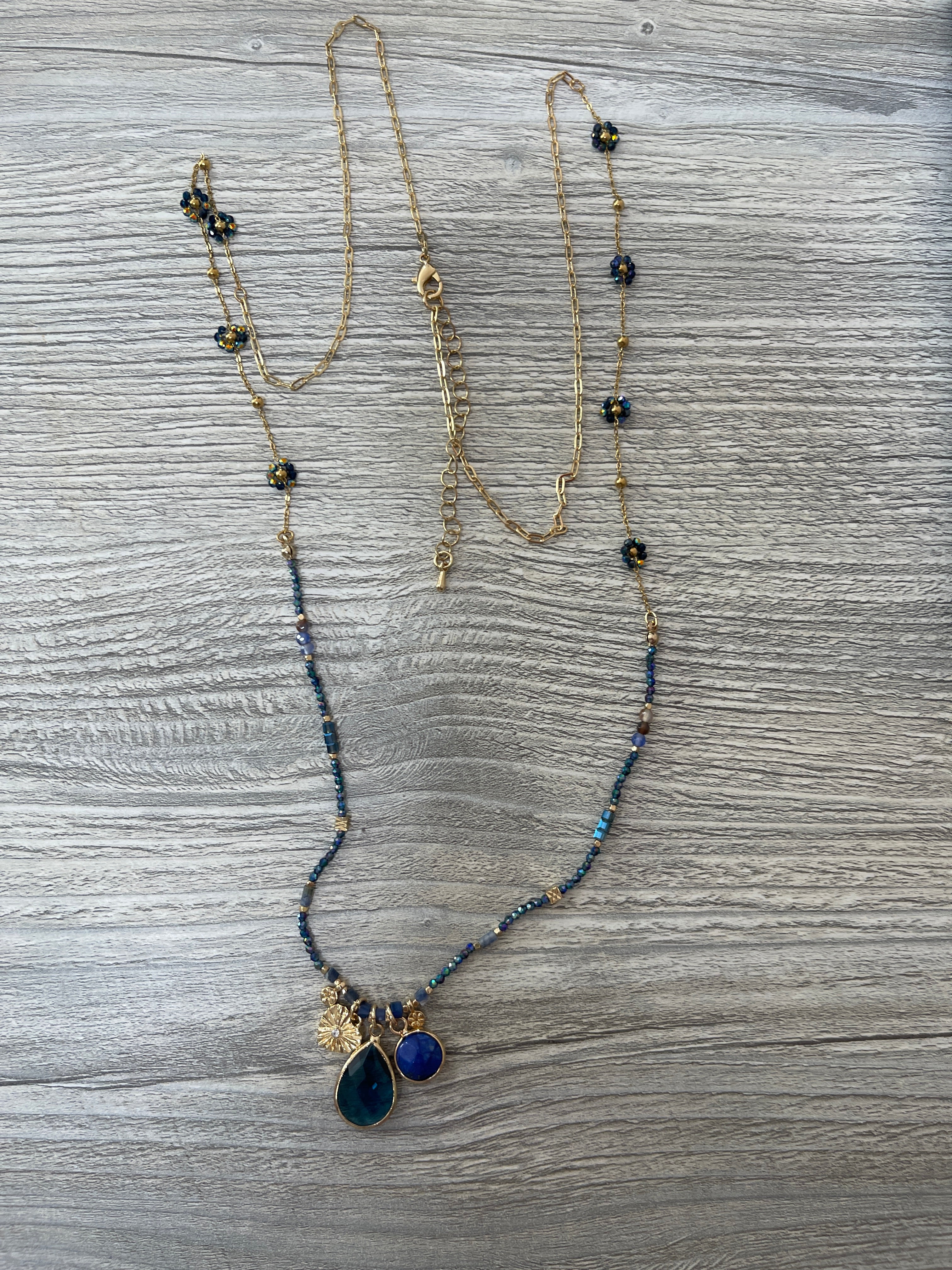 Blue & Gold Floral Charm Necklace